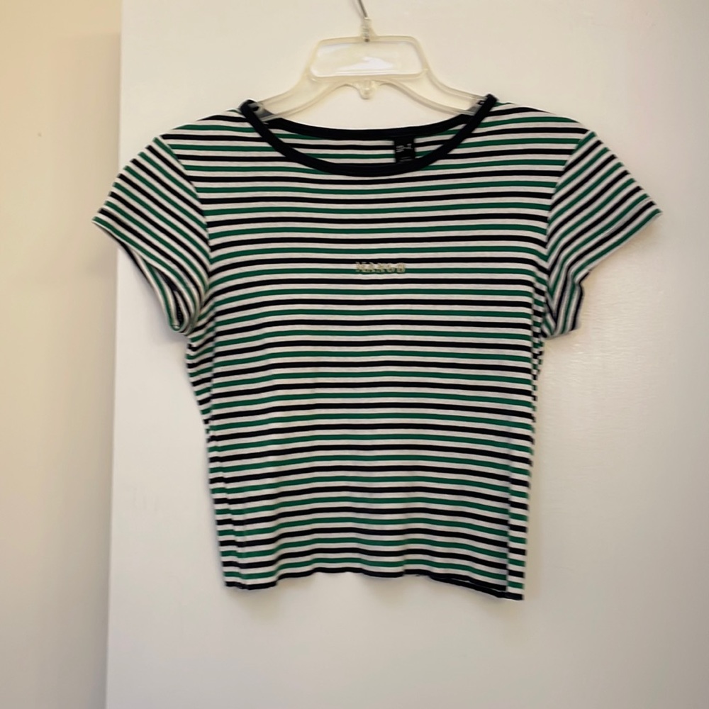Green striped crop top with “Mango” brand detail